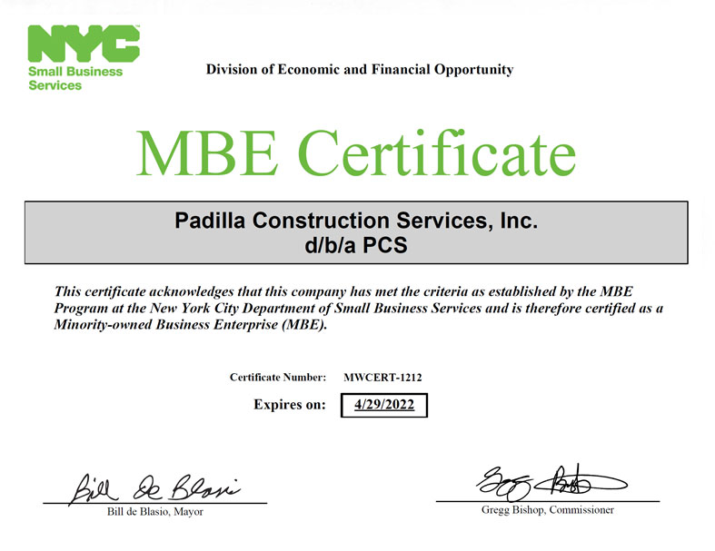 Padilla Construction MBE Certificate