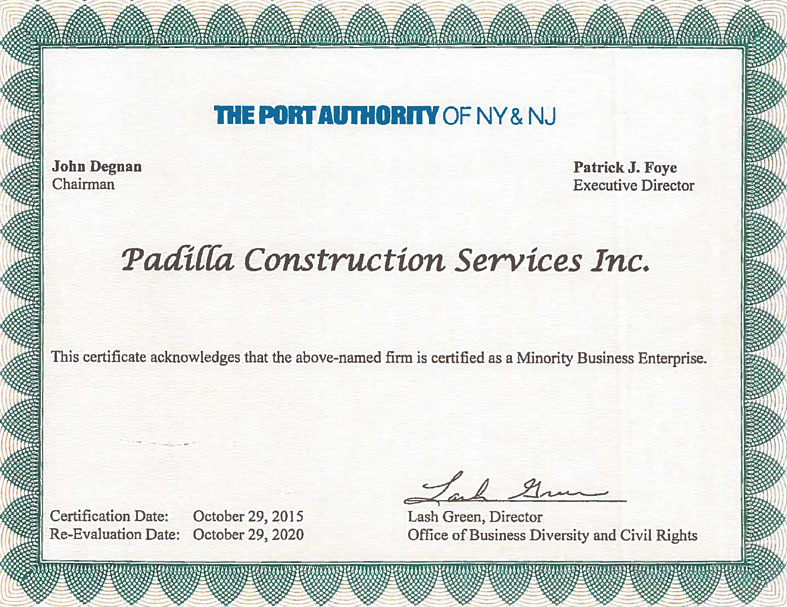 Padilla Construction  Port Authority of NY & NJ Certificate